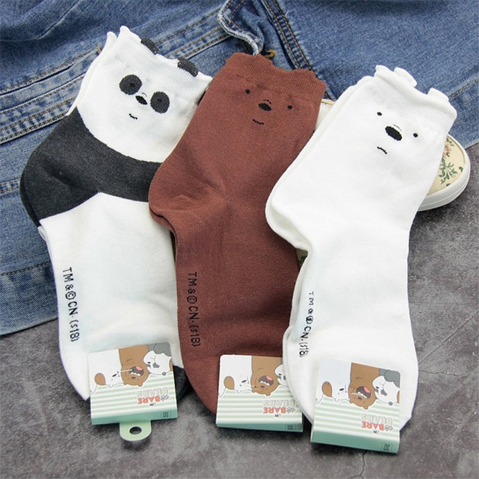 3 Pairs New Cute We Bare Bears Socks Women Soft Breathable Cotton Socks Ankle-High Casual Socks Fashion Style Cartoon Sock